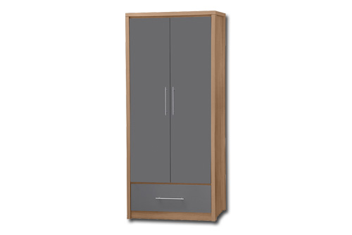 Oak with Grey Gloss Face 2 Door 1 Draw Wardrobe